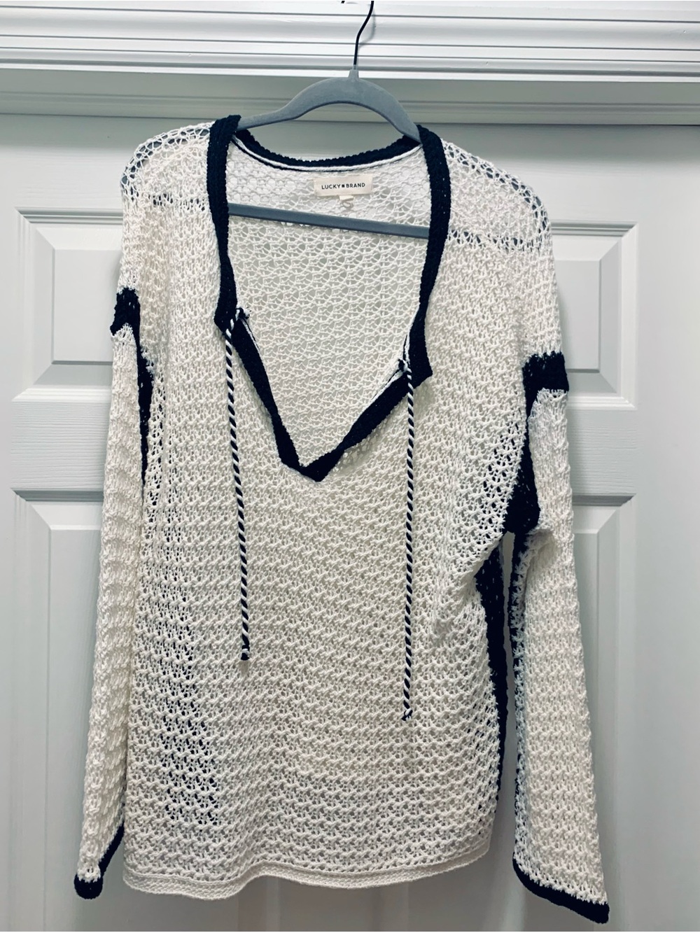 Lucky Brand White Open-Weave V-Neck Sweater with Black Trim